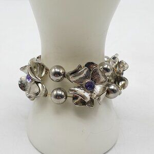 Silver Floral Beaded Stretch Bracelet with Purple Rhinestones Vintage
